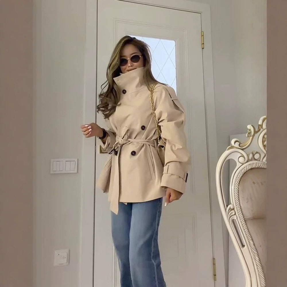 Women's Short Boxy Trench Coat with High Standing Collar, Double-Breasted Front & Waist Belt Mune Fashion