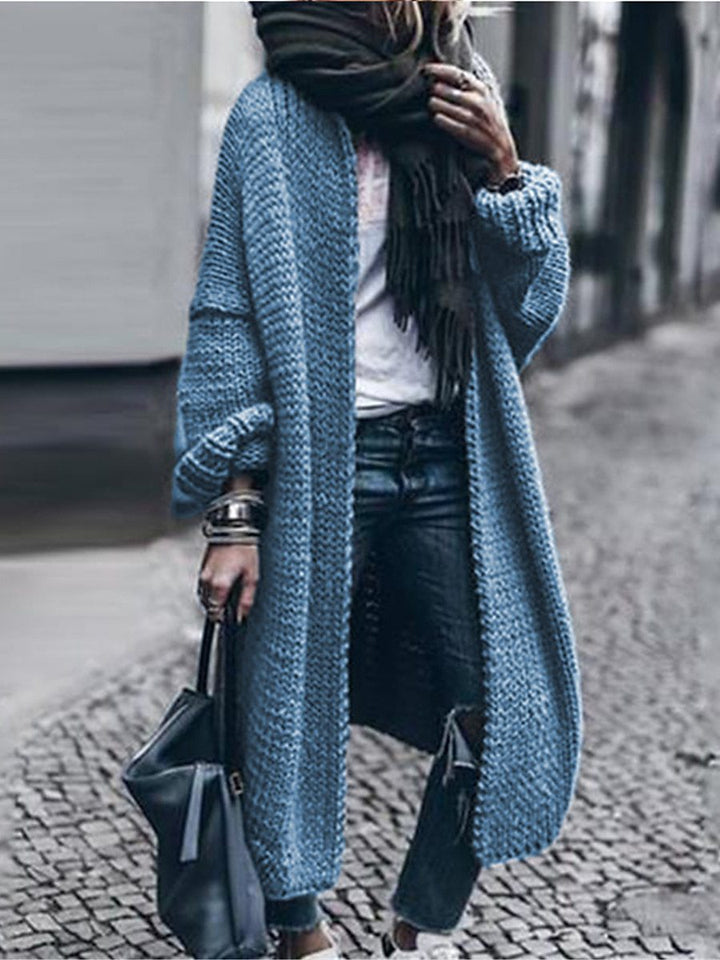 Women's Long Chunky Knit Mantle Cardigan with Drop Shoulder and Open Front Mune Fashion