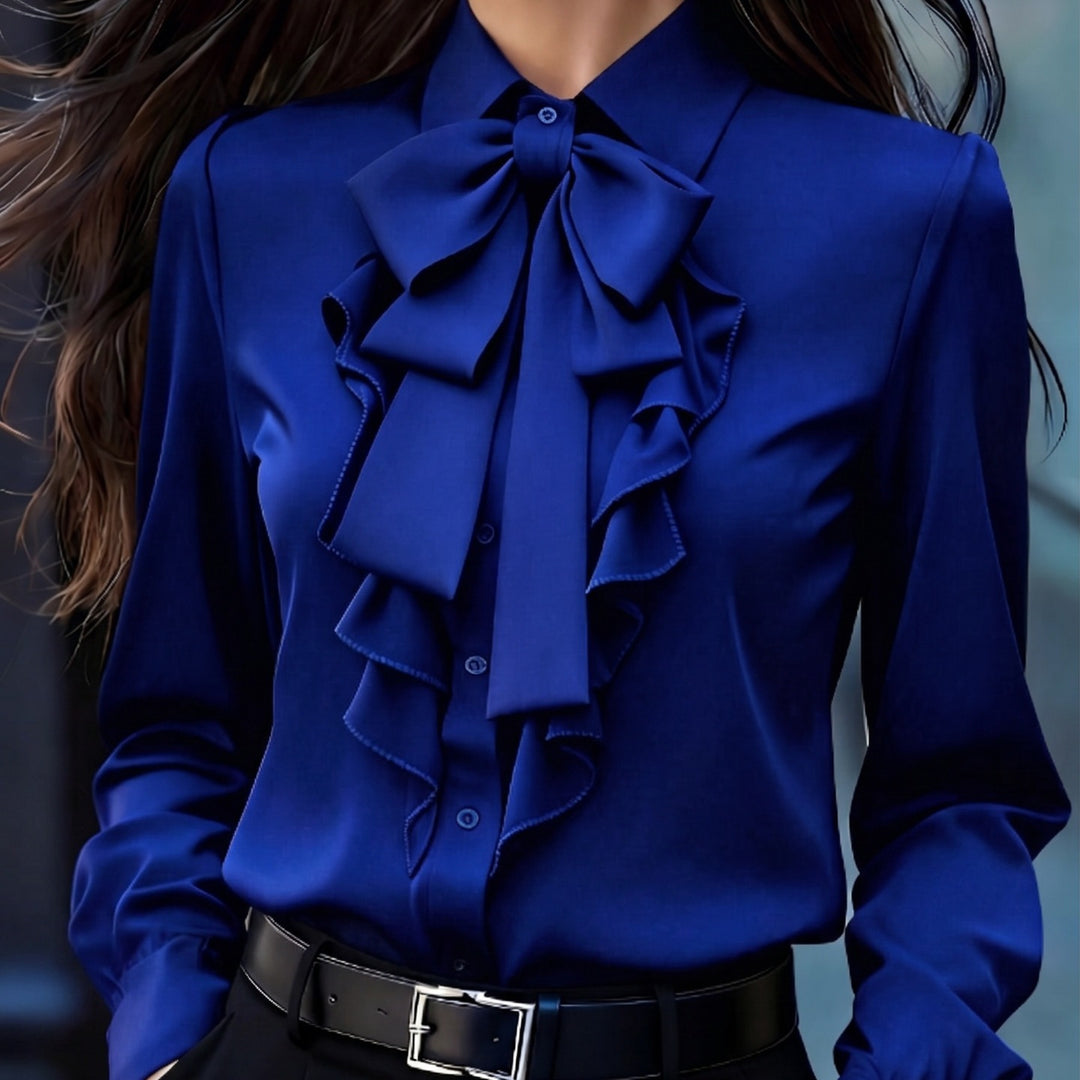 Women's Ruffled Blouse with Bow Collar and Ruffle Front Mune Fashion