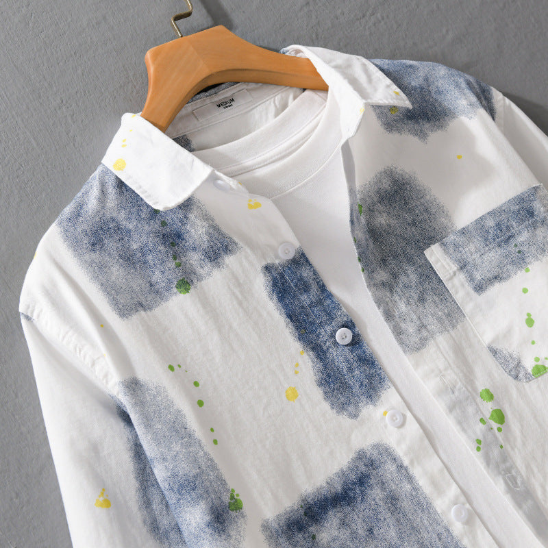 Men's Lightweight Cotton Shirt Relaxed-Fit with Artistic Speckle and Watercolor Patch Print Mune Fashion