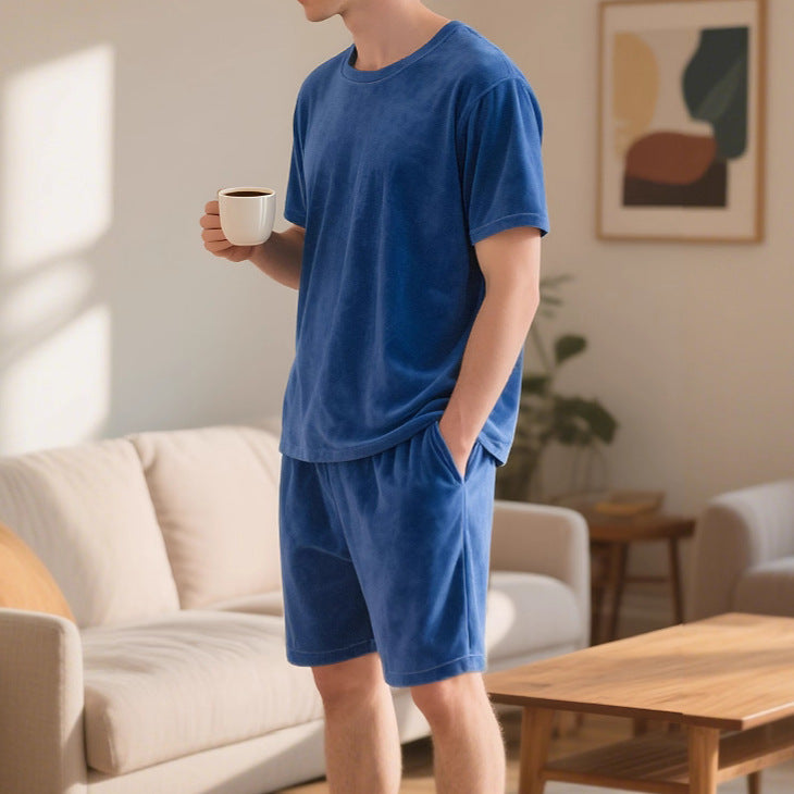 Men's velour lounge set with round neck short sleeve shirt and drawstring shorts Mune Fashion