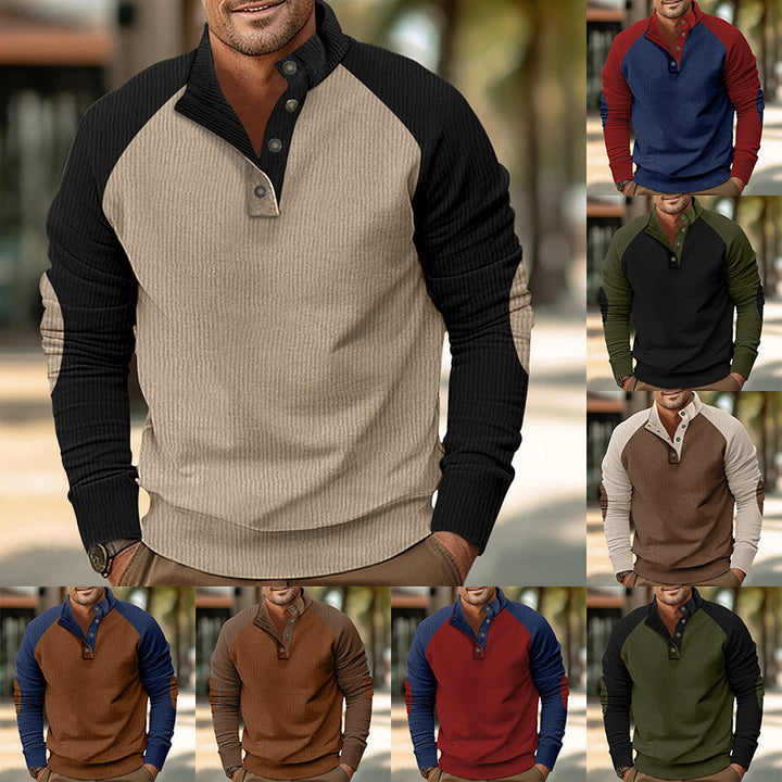 Men's Warmer Waffle Texture Henley Pullover with Contrast Raglan Sleeves & Stand Collar Mune Fashion
