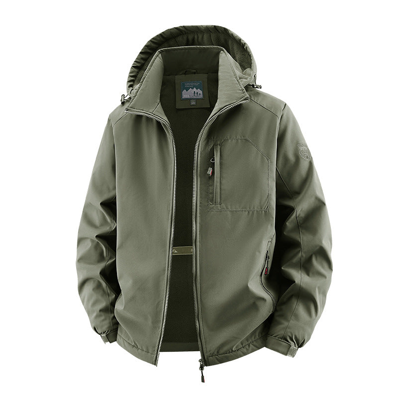 Men's multifunctional softshell tactical jacket with hidden hood, vertical chest pocket, and breathable fleece lining Mune Fashion