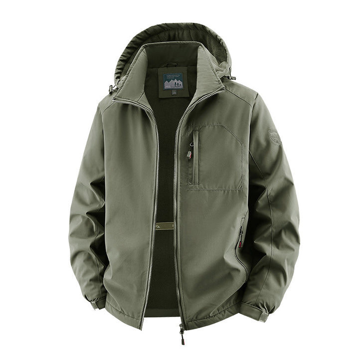 Men's multifunctional softshell tactical jacket with hidden hood, vertical chest pocket, and breathable fleece lining Mune Fashion