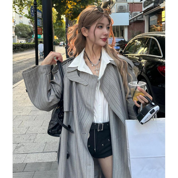 Women Longer Striped Oversize Trench Coat with Wide Lapels and Balloon Sleeves Mune Fashion