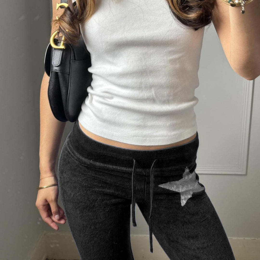 Women's soft velour flared pants with rhinestone decorative star and drawstring waistband Mune Fashion