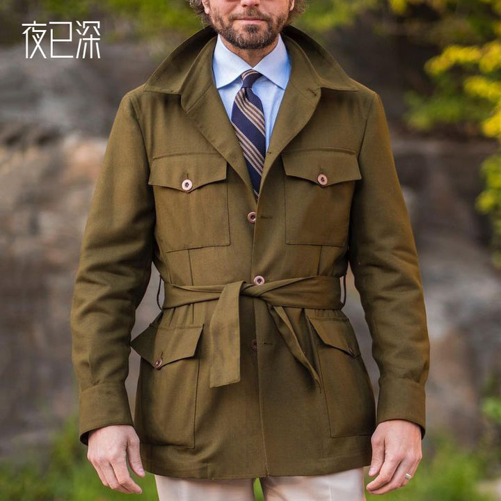 Men's Tailored Field Jacket with Tie Belt, Flap Pockets and Kent Collar Mune Fashion