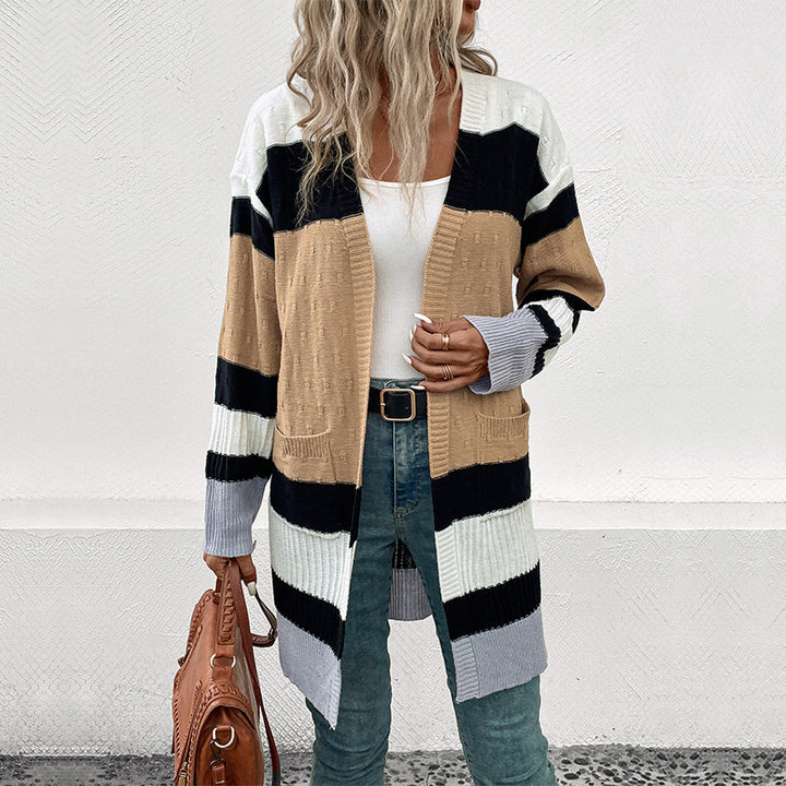 Women's Long Striped Knit Cardigan with Patch Pockets and Open Front Mune Fashion