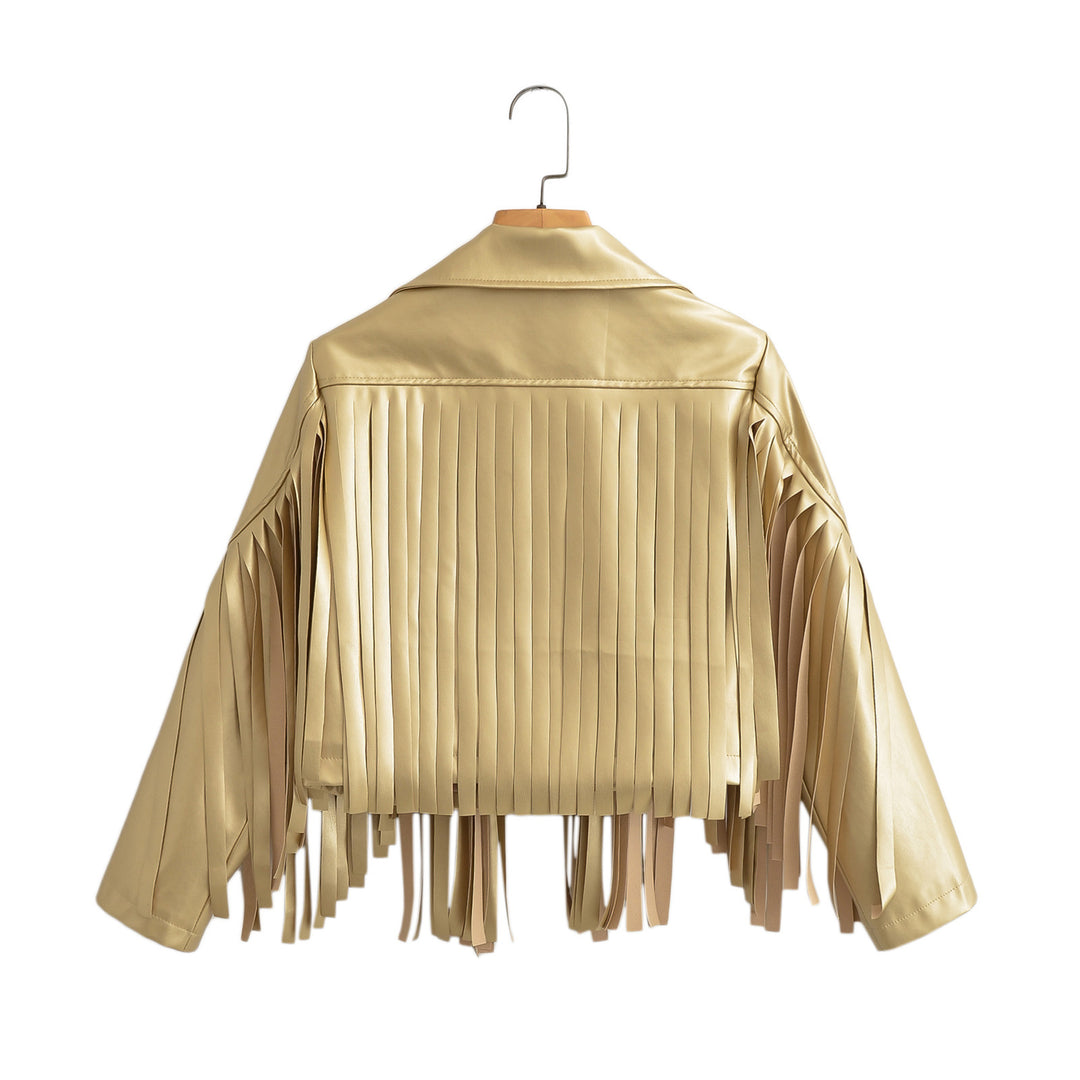 Women’s short jacket in biker style with metallic look and long leather fringes Mune Fashion