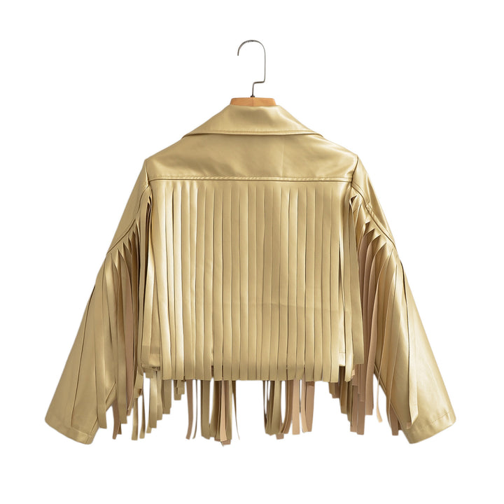 Women’s short jacket in biker style with metallic look and long leather fringes Mune Fashion