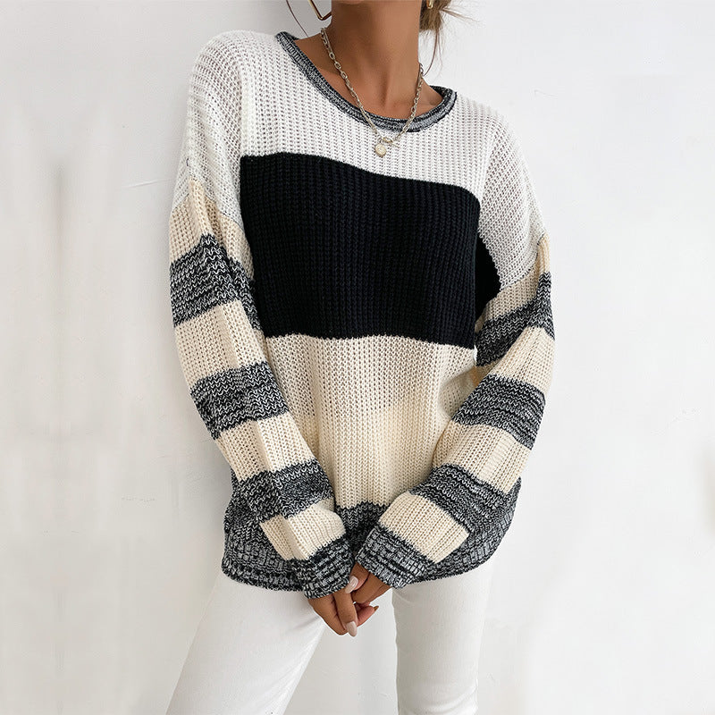 Women’s Oversize Knit Sweater with coarse ribbed knit, block stripes and wide round neckline Mune Fashion