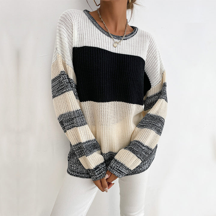 Women’s Oversize Knit Sweater with coarse ribbed knit, block stripes and wide round neckline Mune Fashion