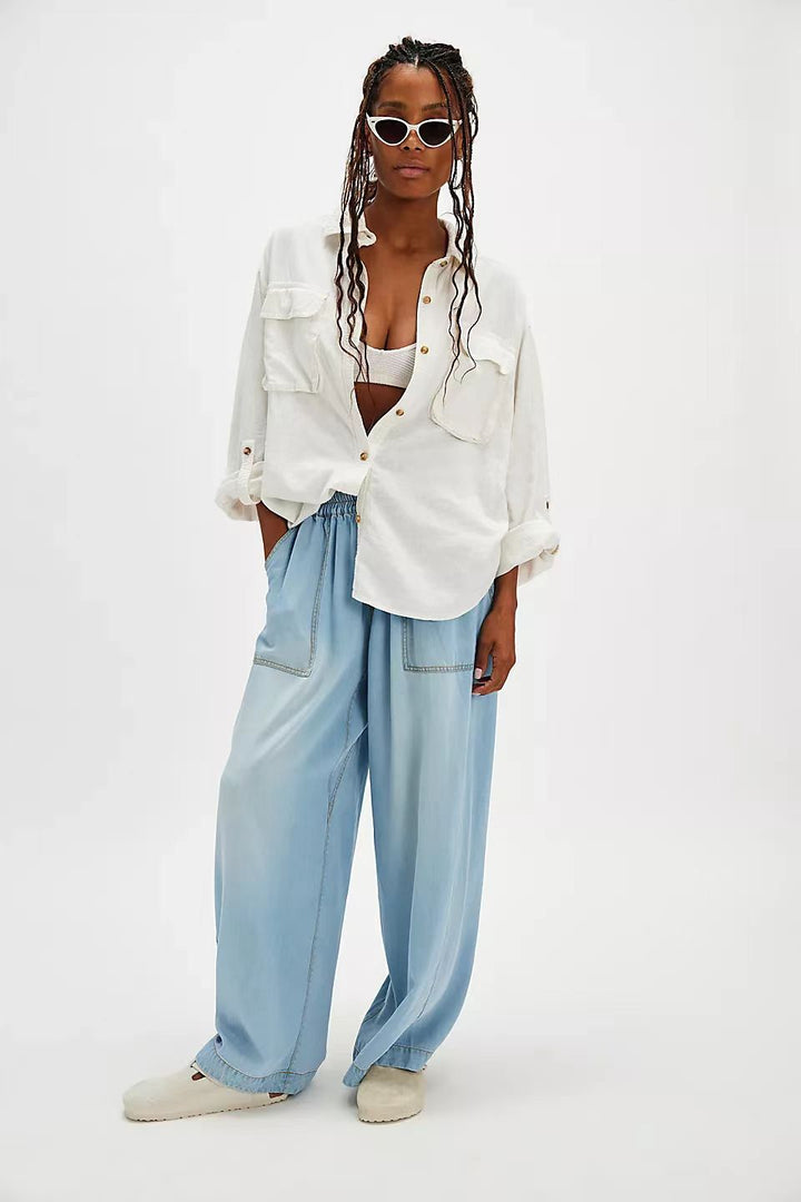 Women wide Lyocell pants with elastic drawstring waistband and large patch front pockets Mune Fashion