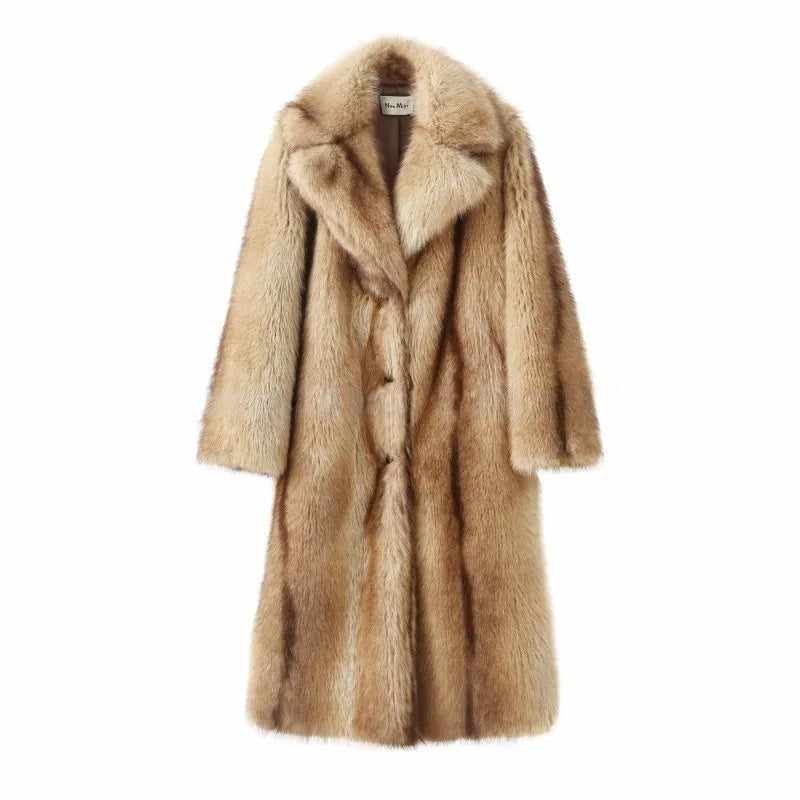 Ladies Long High-Pile Faux Fur Coat with Lapel Collar Mune Fashion
