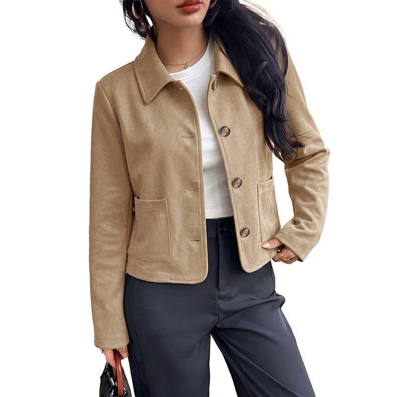 Women's short jacket made of suede look with shirt collar and patch pockets Mune Fashion