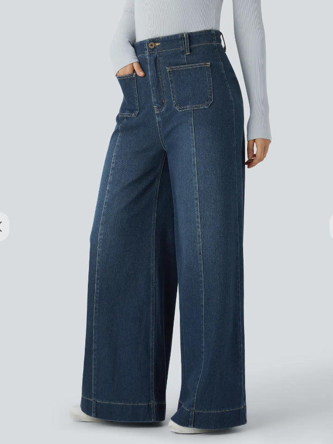 Women's high-waisted wide jeans pants with patch front pockets and vertical decorative seam Mune Fashion