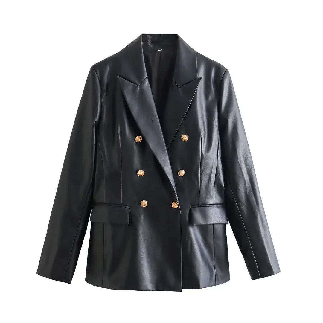 Women's tailored double-breasted blazer made of vegan leather imitation with shawl collar Mune Fashion