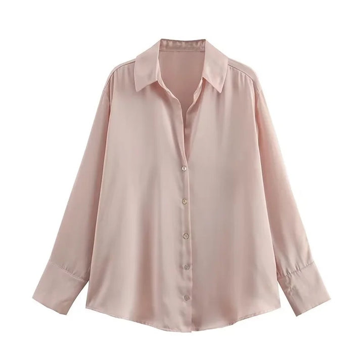 Ladies Oversized Satin Blouse with Shirt Collar and Wide Cuffs Mune Fashion
