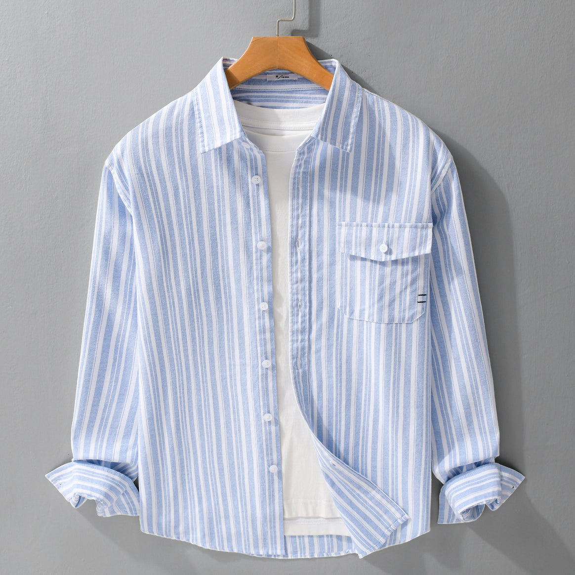 Men's Long-Sleeve Cotton-Linen Striped Shirt in Relaxed Fit with Flap Chest Pocket Mune Fashion