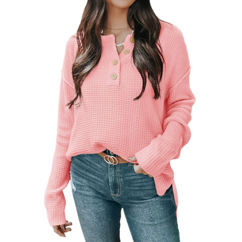 Women's Relaxed Waffle Texture Henley Pullover with Button Placket and Dropped Shoulder Mune Fashion