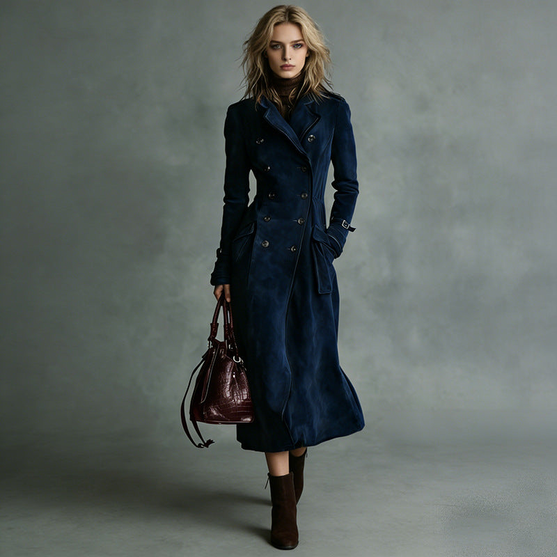 Women Longer Tailored Trench Coat in Suede Look with Double-Breasted Button Placket and Buckle Cuffs Mune Fashion
