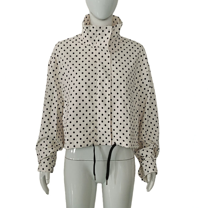 Women's Polka Dot Cropped Blouson Jacket with Stand Collar and Drawstring Mune Fashion
