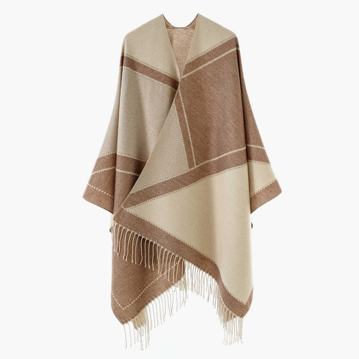 Women Reversible Knitted Cape-Poncho with Fringes and Contrasting Stripes Mune Fashion