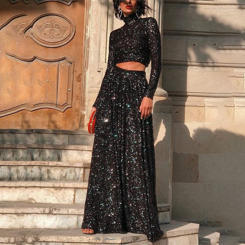Women two-piece sequin evening set with high-neck crop top and flowing maxi skirt Mune Fashion