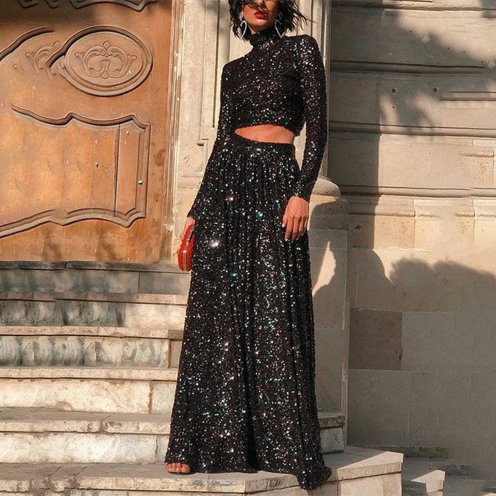 Women two-piece sequin evening set with high-neck crop top and flowing maxi skirt Mune Fashion
