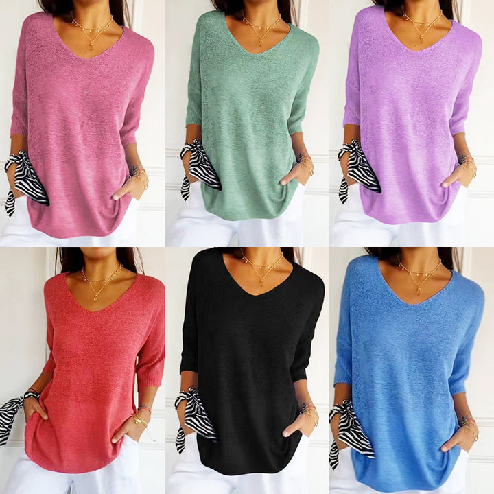 Women's relaxed fit V-neck fine knit pullover with three-quarter sleeves Mune Fashion