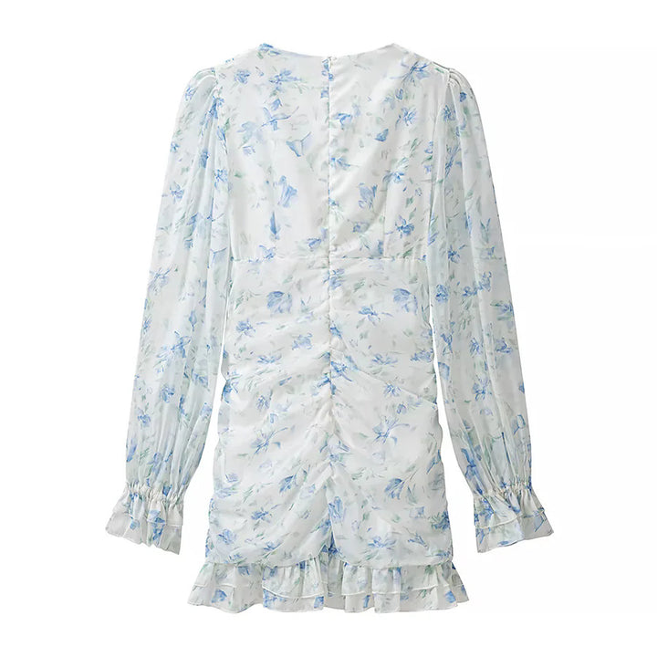 Women's Ruffled Chiffon Mini Dress with Deep V-Neck Ruffles and Rose Application Mune Fashion