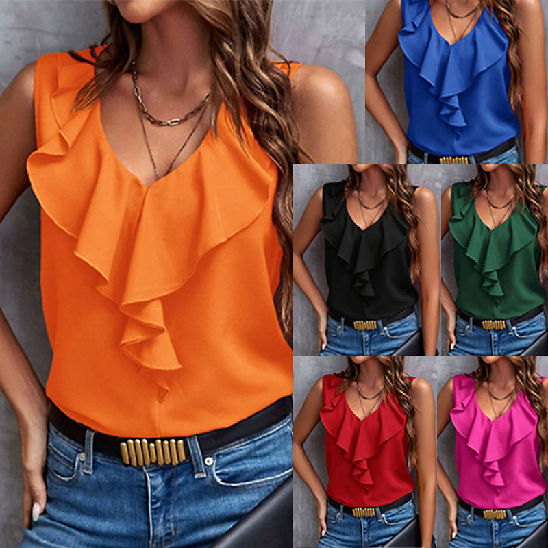 Women's Sleeveless Ruffle Blouse with V-Neck Mune Fashion
