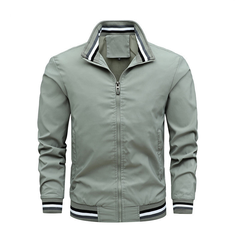 Men's Lightweight Bomber Jacket with Striped Ribbed Cuffs and Stand-Up Collar Mune Fashion