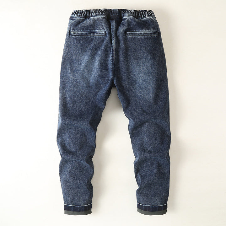 Men's denim joggers with elastic waistband, drawstring, and rolled hem Mune Fashion