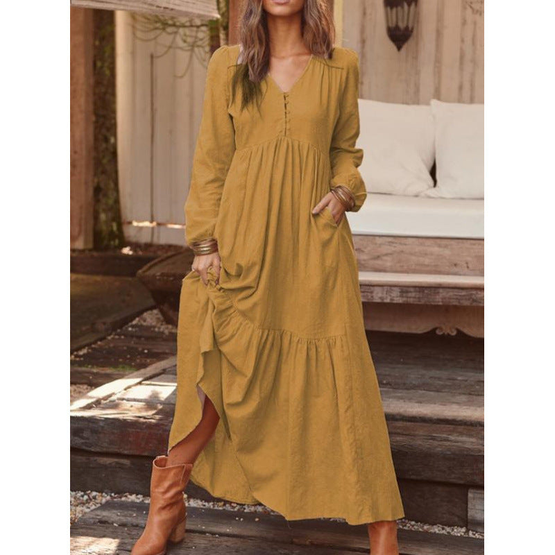 Ladies Long Tiered Dress made of Linen Blend with V-Neck and Side Pockets Mune Fashion