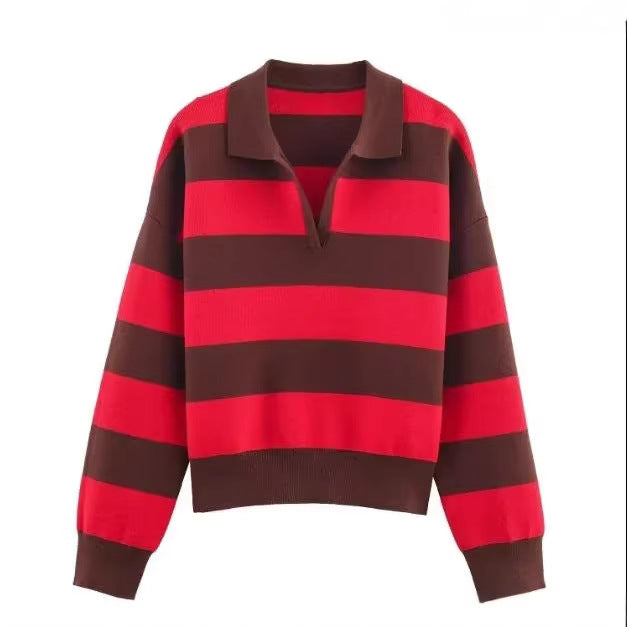 Women's oversized rugby pullover with polo collar, V-neck and wide stripes Mune Fashion