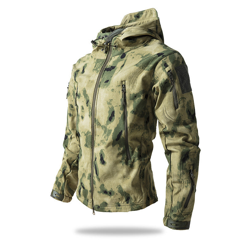 Men's Tactical Softshell Jacket with Hood, Camouflage Pattern and Multiple Zipper Pockets Mune Fashion