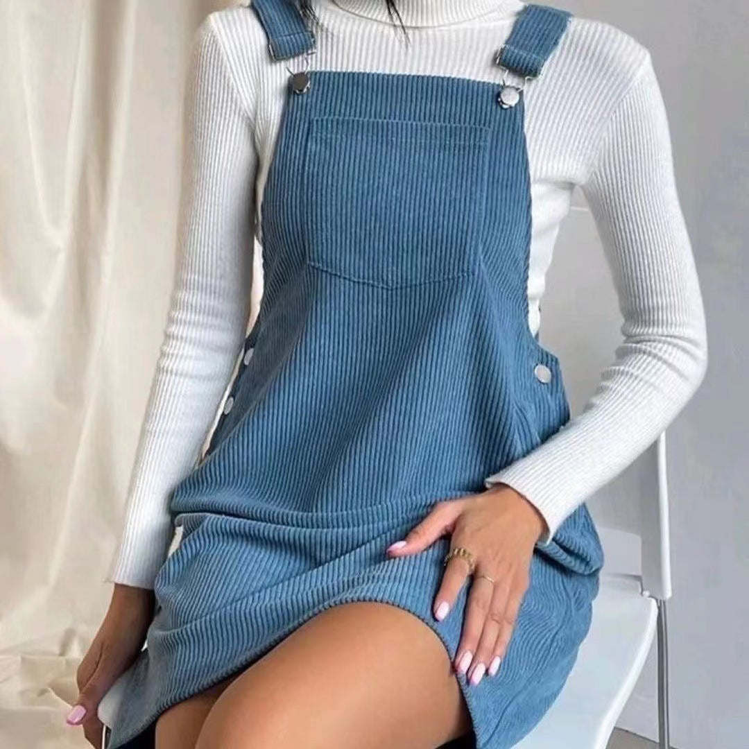 Women's Corduroy Pinafore Dress with Adjustable Straps, Side Snap Placket and Fine Rib Effect Mune Fashion