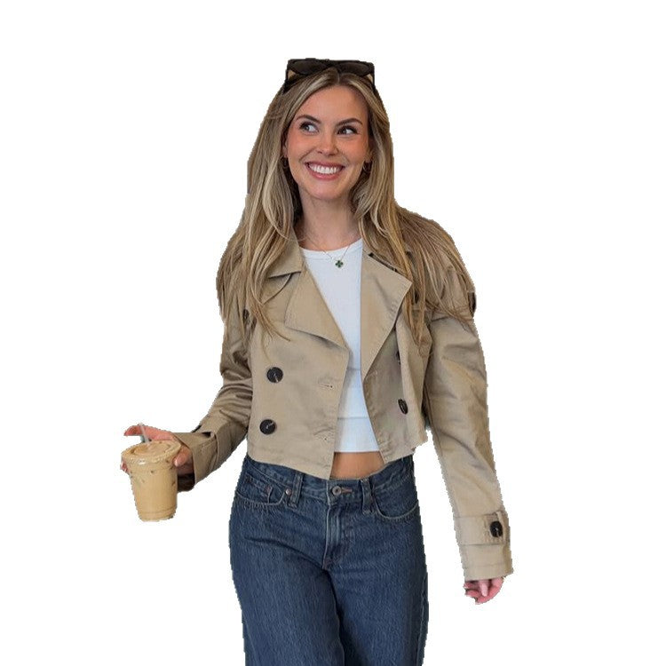 Women's Short-Cut Trench Blouson with Double-Breasted Button Placket and Shortened Silhouette Mune Fashion