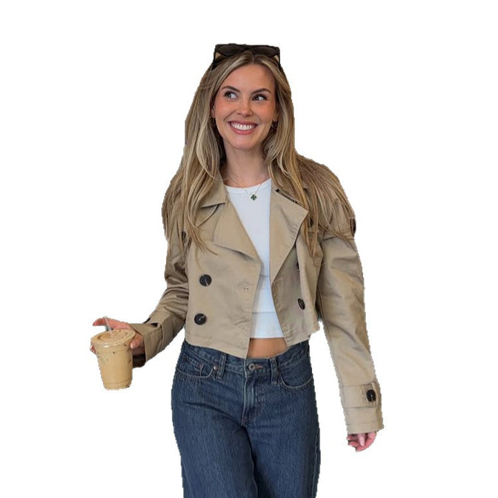 Women's Short-Cut Trench Blouson with Double-Breasted Button Placket and Shortened Silhouette Mune Fashion