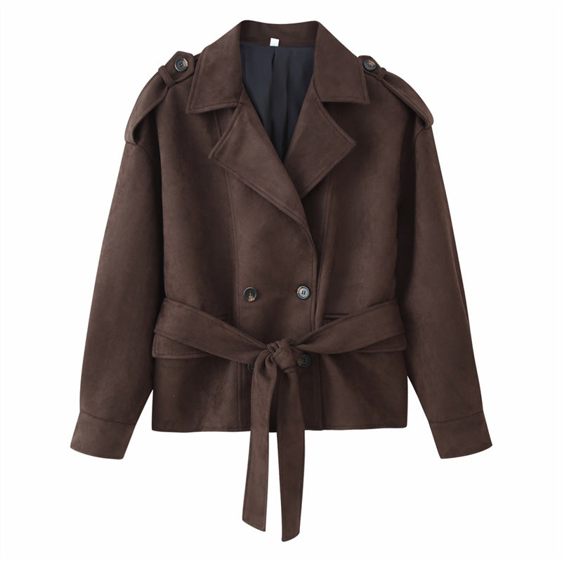 Women's Cropped Trench Coat in Suede Look with Ties and Epaulettes Mune Fashion