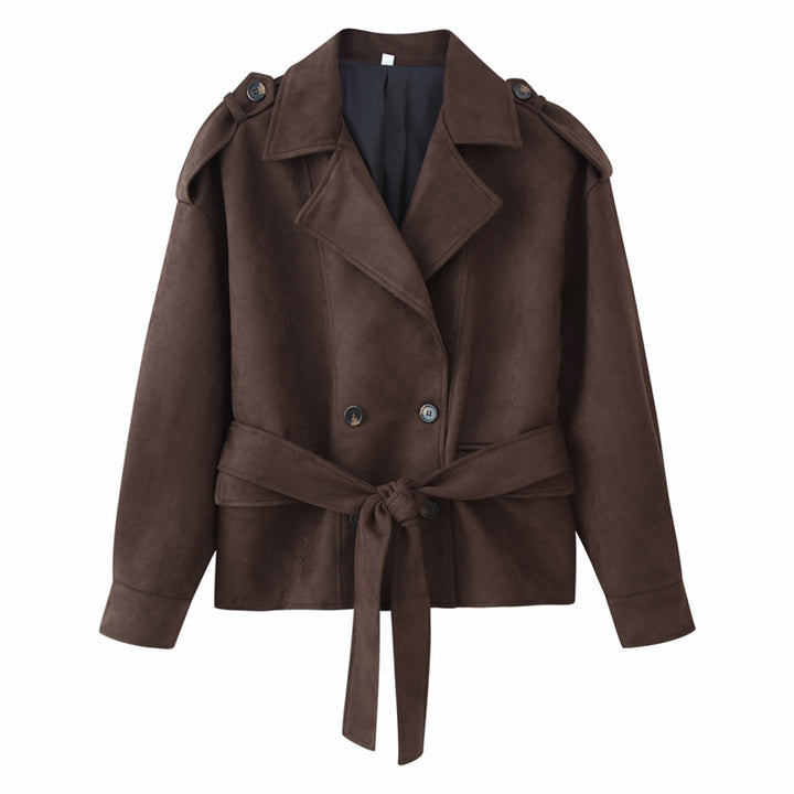 Women's Cropped Trench Coat in Suede Look with Ties and Epaulettes Mune Fashion