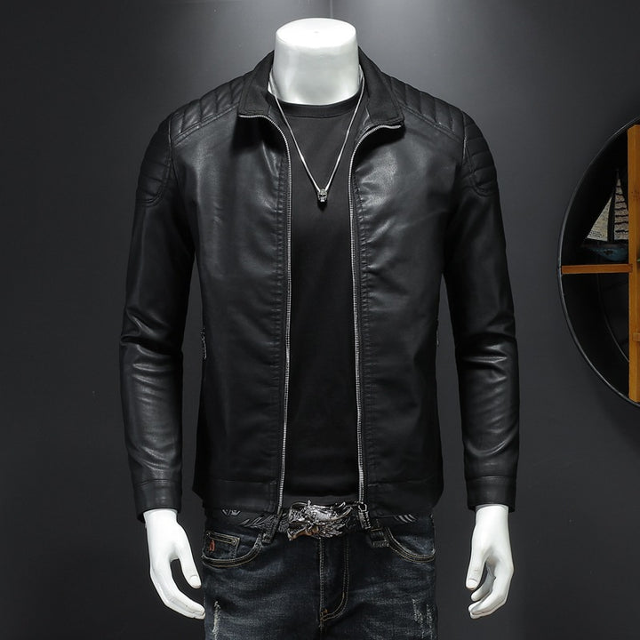 Men's Slim Faux Leather Blouson with Stand Collar and Quilted Shoulder Area Mune Fashion