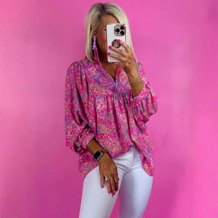 Women's Loose-Fit Floral Blouse with V-Neck and Gathered Yoke Mune Fashion