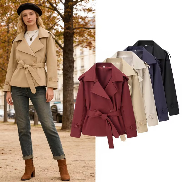 Women's Short Cut Tailored Trench Coat with Tie Belt and Epaulettes Mune Fashion