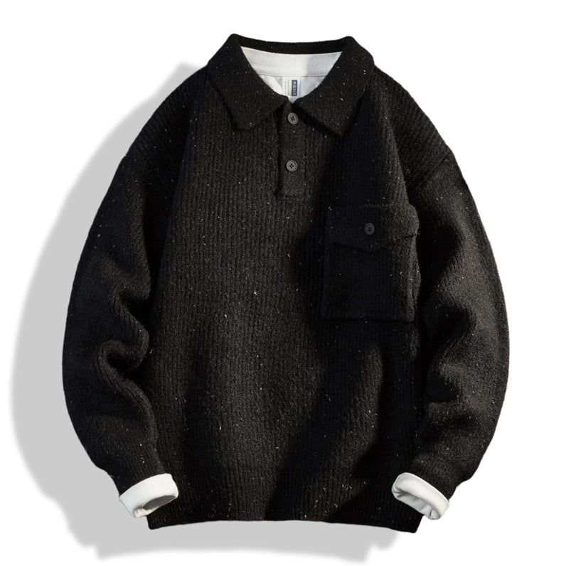 Men's Oversized Knit Polo with Chest Pocket & Ribbed Structure Mune Fashion