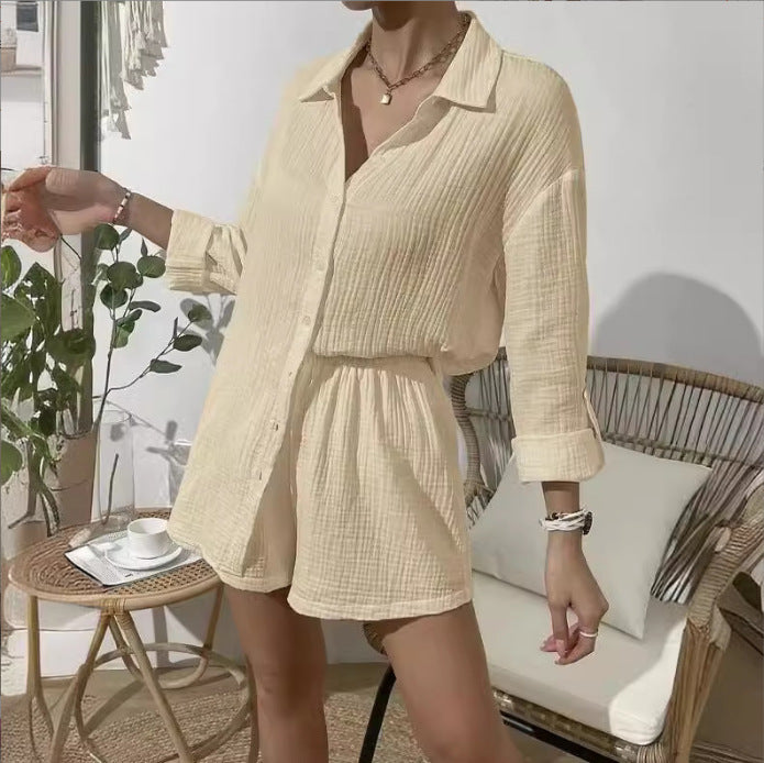 Women nan airy-light two-piece lounge set made of cotton gauze with shirt blouse and elastic waistband shorts Mune Fashion