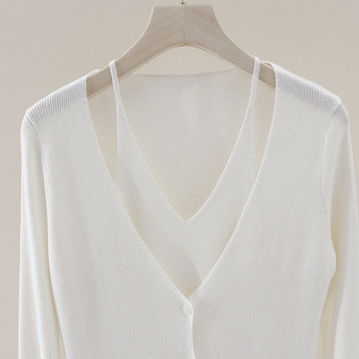 Ladies fine ribbed knit cardigan with integrated spaghetti top and deep V-neck Mune Fashion
