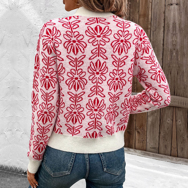 Women Knitted Jacquard Sweater with Floral Pattern and Ribbed Cuffs Mune Fashion