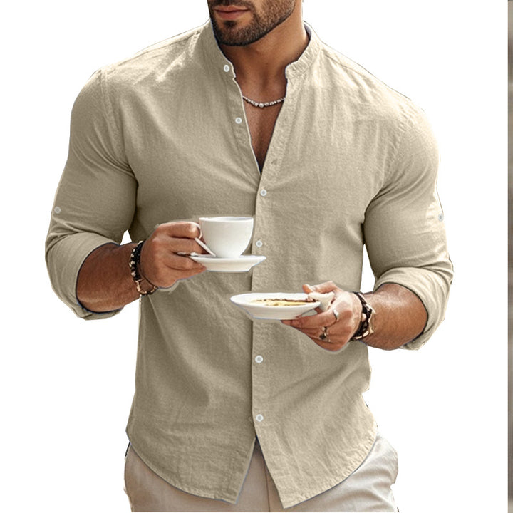 Men's casual linen shirt with standing collar, full button placket and roll-up sleeves Mune Fashion